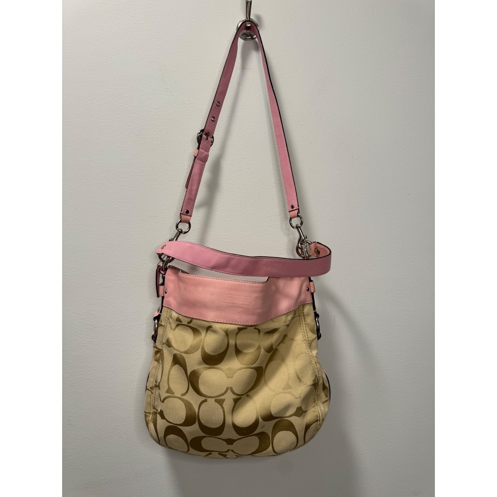 Y2K Coach Signature C Khaki Gold Pink Leather Trim Hobo 2way Shoulder Bag F14709